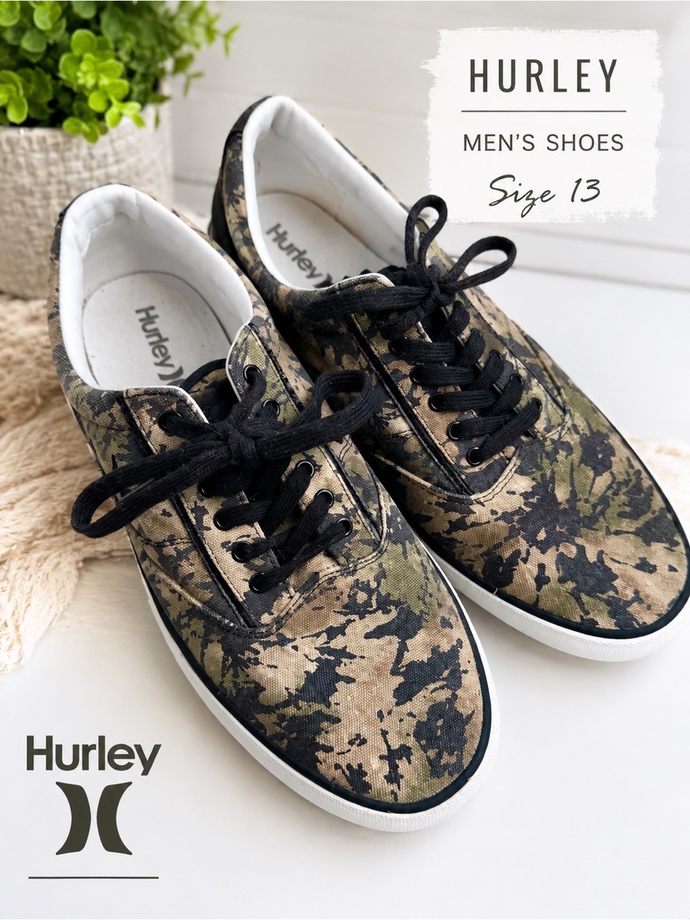 Hurley Men’s Camo Low-Top Sneakers in Black & Olive Size 13